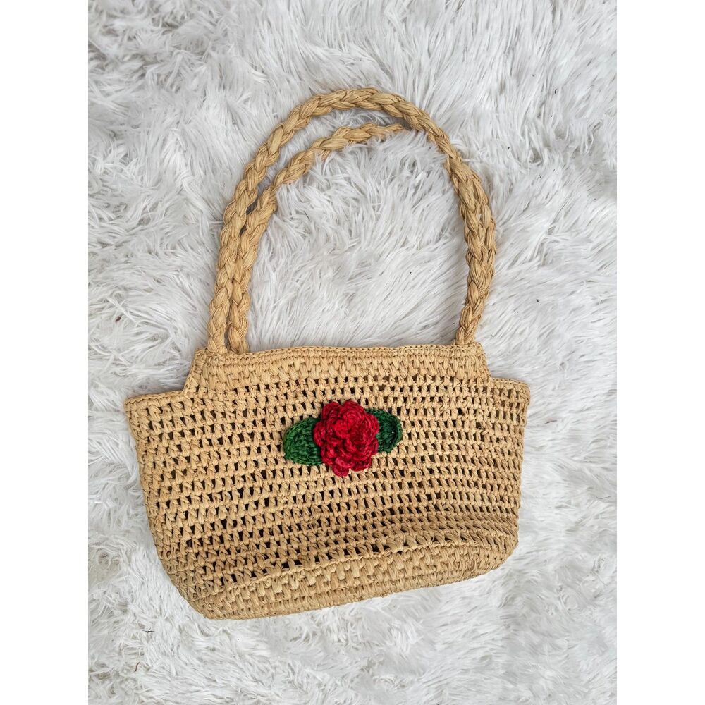 Authentic Rouje Woven Raffia Tote Bag Crochet Rose Flower Braided Handles